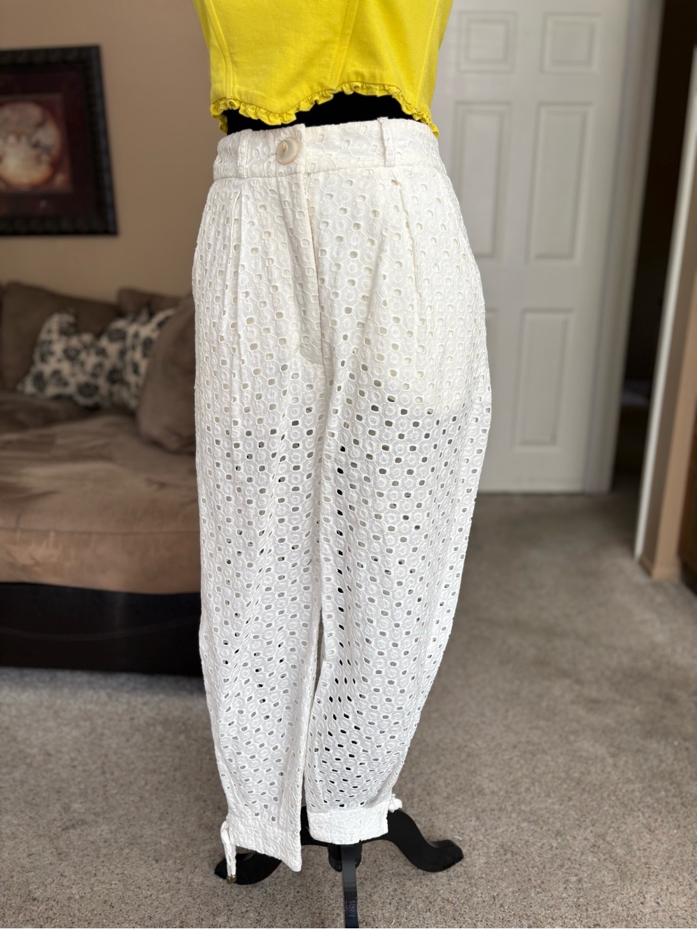 Nati Vozza High-Waist White Eyelet Cotton Pants
